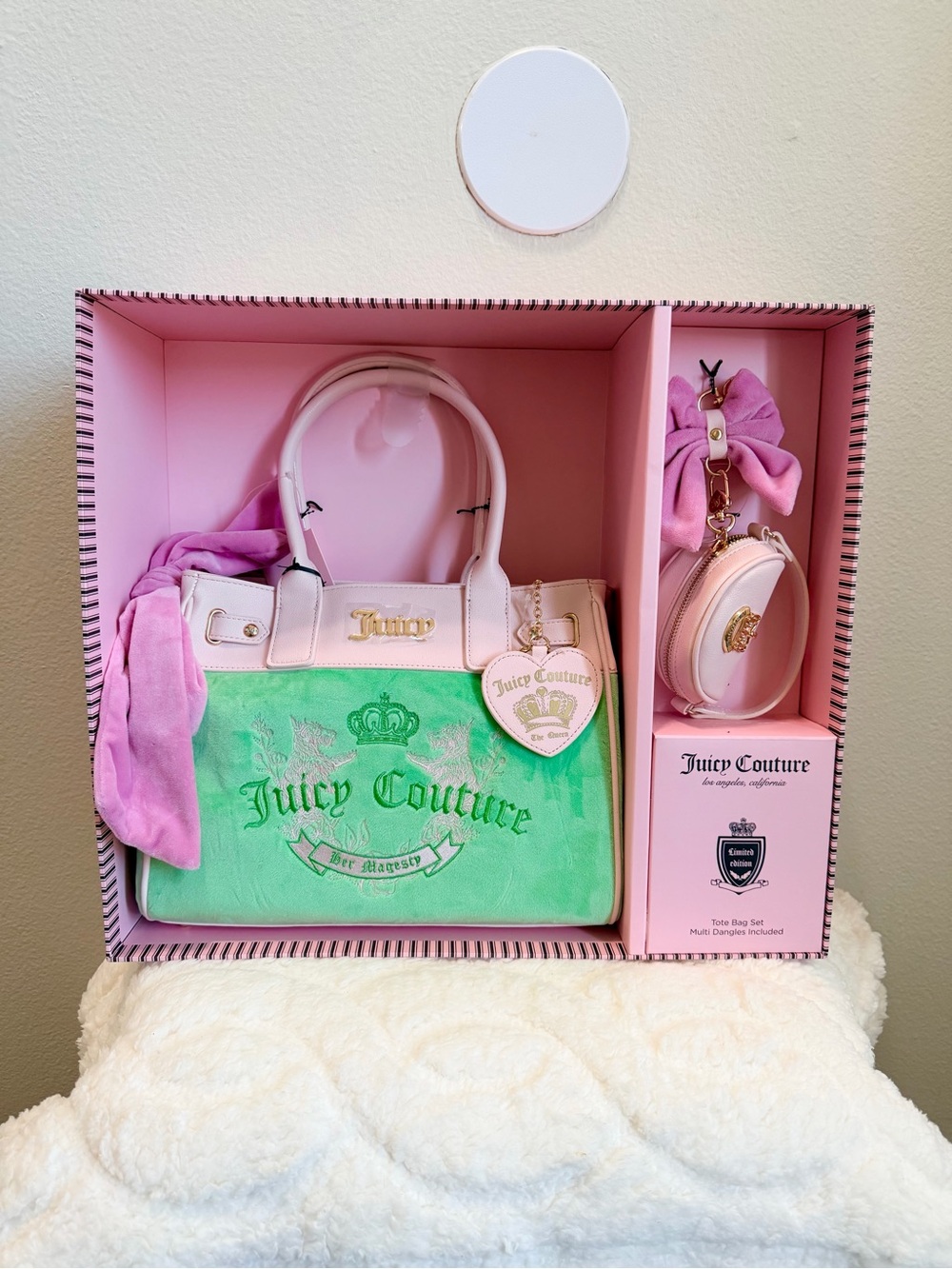Juicy Couture Pink & Green Velour Tote with Matching Pouch and Charm